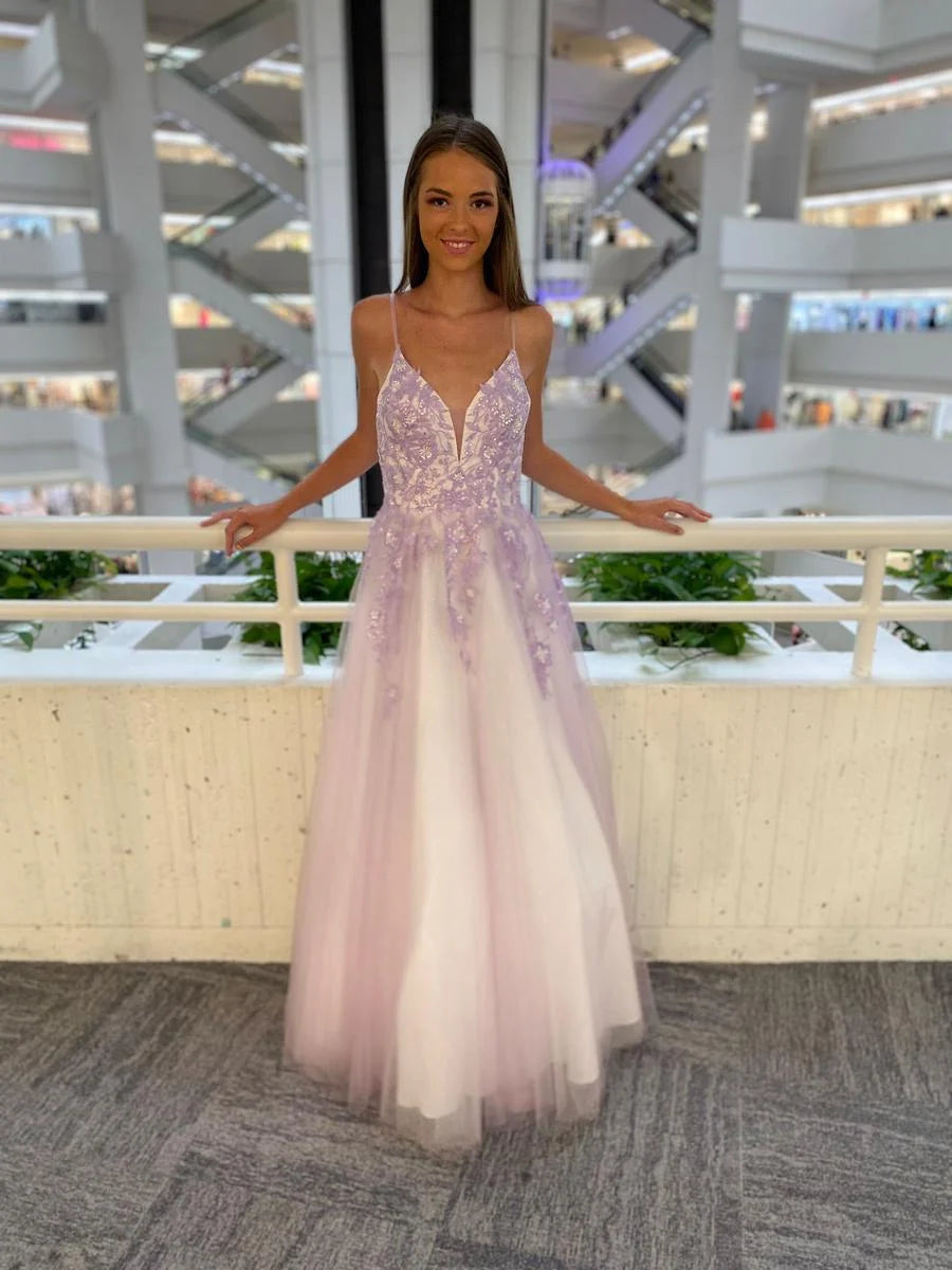 Purple Pink Plunging V-Neck Prom Dress