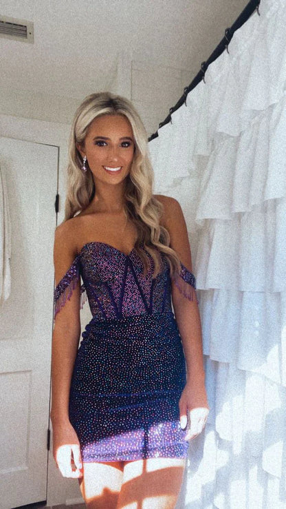 Purple Sequin Homecoming Dresses Off The Shoulder Mini Party Dress With Beaded Tassel ,LTP3855