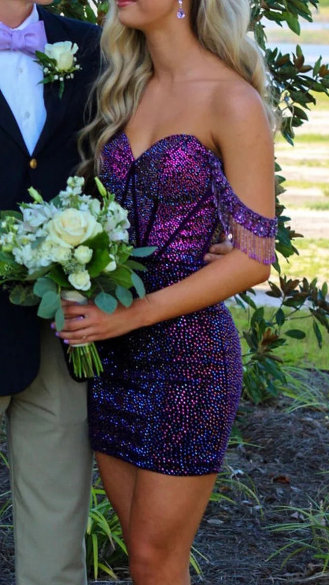 Purple Sequin Homecoming Dresses Off The Shoulder Mini Party Dress With Beaded Tassel ,LTP3855