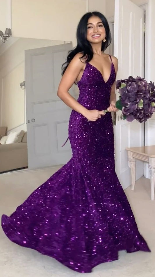 100% Custom Made Purple Sequin Mermaid Long Prom Dresses V-neck Evening Party Dress,LTP3964