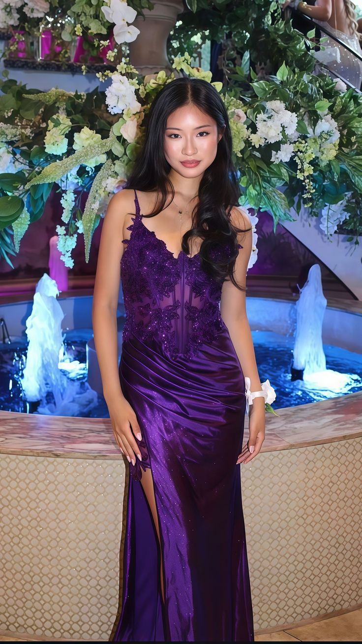 Purple V-Neck Appliques Lace Party Dress With Side Slit,LTP4518