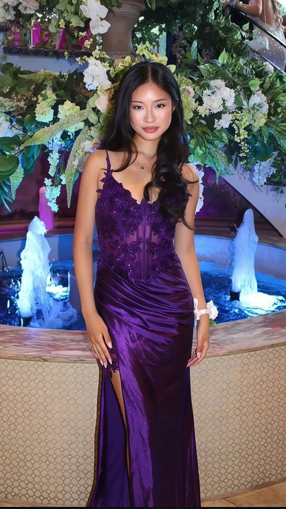 Purple V-Neck Appliques Lace Party Dress With Side Slit,LTP4518