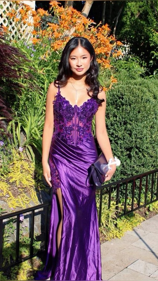 Purple V-Neck Mermaid Prom Dresses Appliques Lace Appliques Party Dress With Side Slit,LTP4427