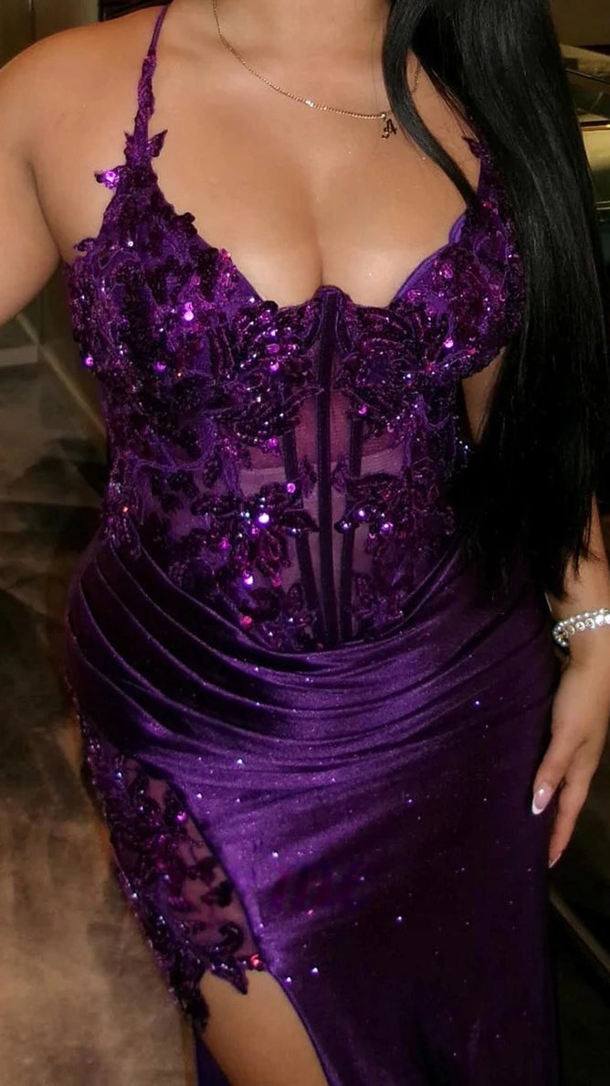 Purple V-Neck Mermaid Prom Dresses Appliques Lace Appliques Party Dress With Side Slit,LTP4427