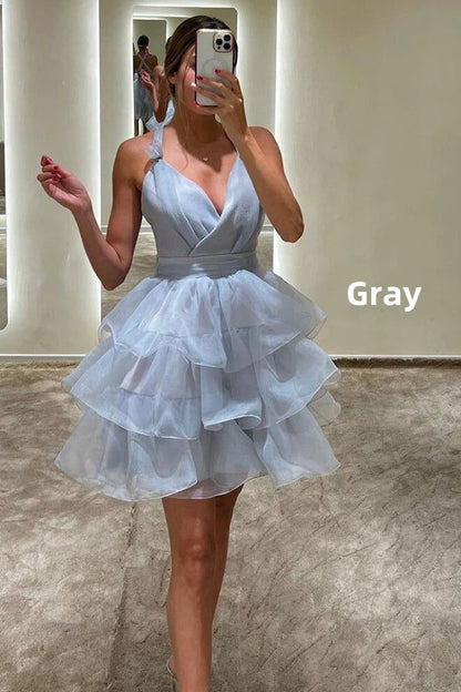 Purple V-Neck Organza Ruffle Homecoming Dresses Mini Party Dress, LTP2931