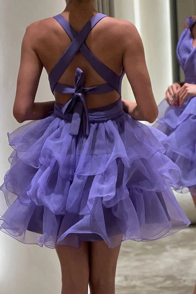 Purple V-Neck Organza Ruffle Homecoming Dresses Mini Party Dress, LTP2931