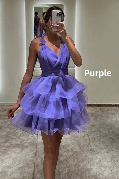 Purple V-Neck Organza Ruffle Homecoming Dresses Mini Party Dress, LTP2931