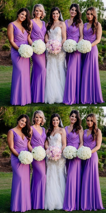 Purple V-Neck Sheath Party Dress, Sleeveless Full Length Bridesmaid Dress,LTP3679