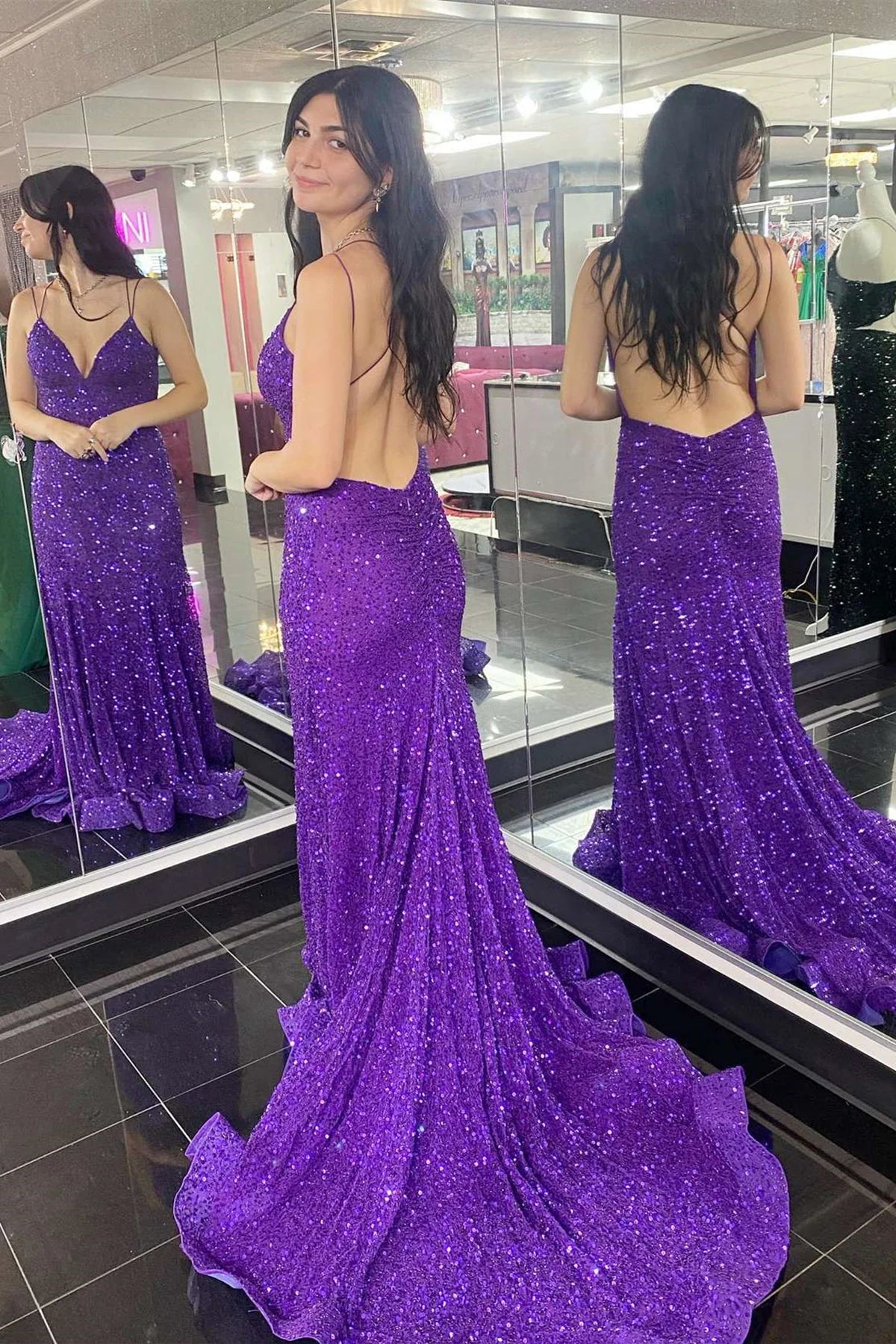 Purple Mermaid Sequin Long Prom Dress