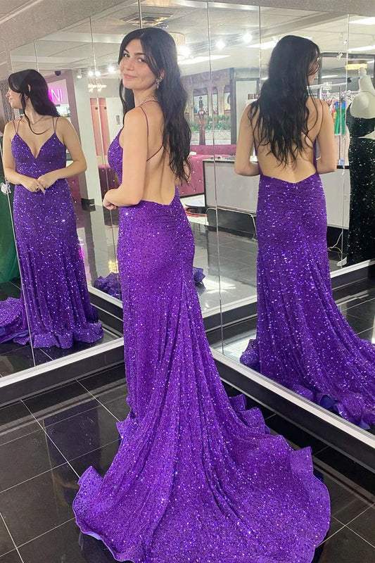 Purple Mermaid Sequin Long Prom Dress