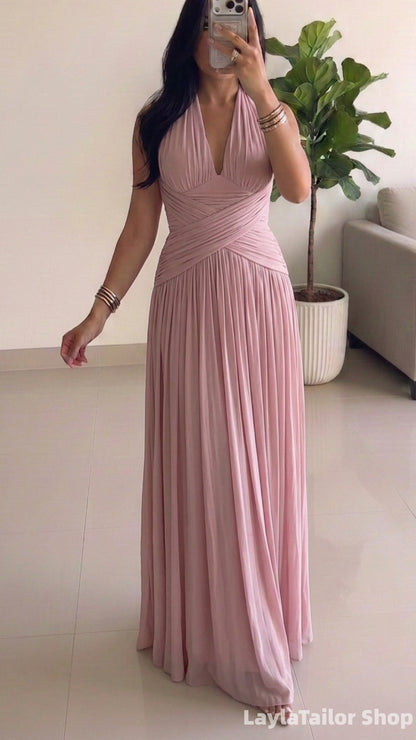 Purple Halter Chiffon Pleated Long Prom Bridesmaid Dresses LTP82691