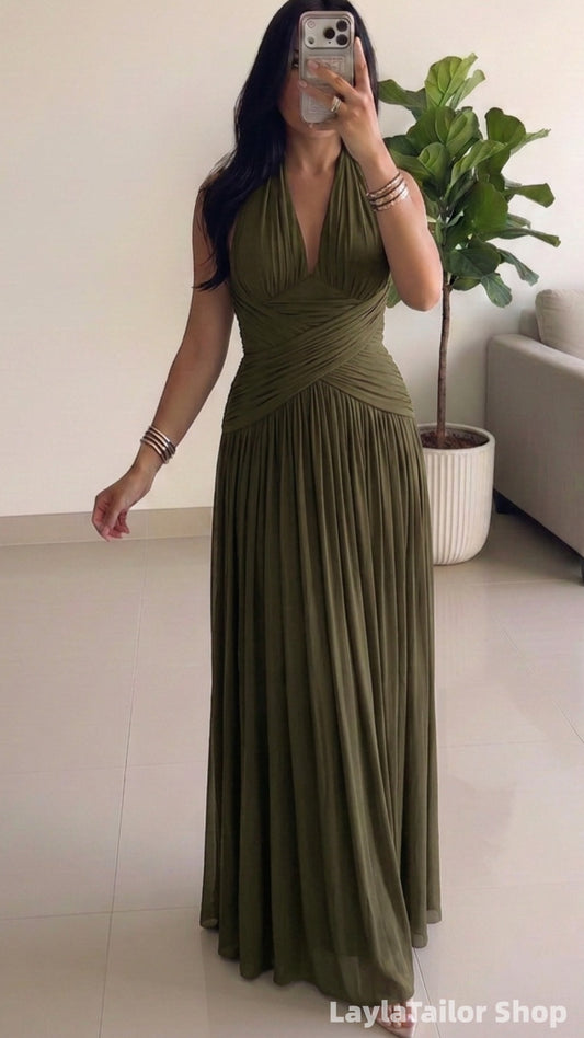 Purple Halter Chiffon Pleated Long Prom Bridesmaid Dresses LTP82691