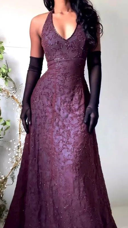 Purple Lace Halter Prom Dress | Long V-Neck Evening Gown Purple Lace Halter Prom Dress | Long V-Neck Evening Gown