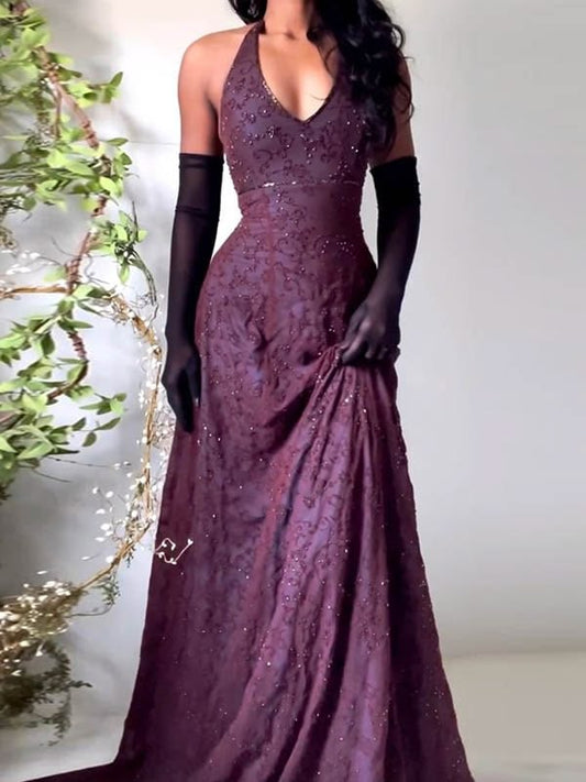 Free Shipping Available,Purple Lace Halter Prom Dress Long V-Neck Evening Gown Formal Party Dress