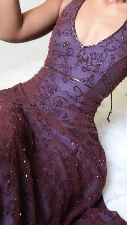 Purple Lace Halter Prom Dresses Long Evening Party Dress, LTP3991