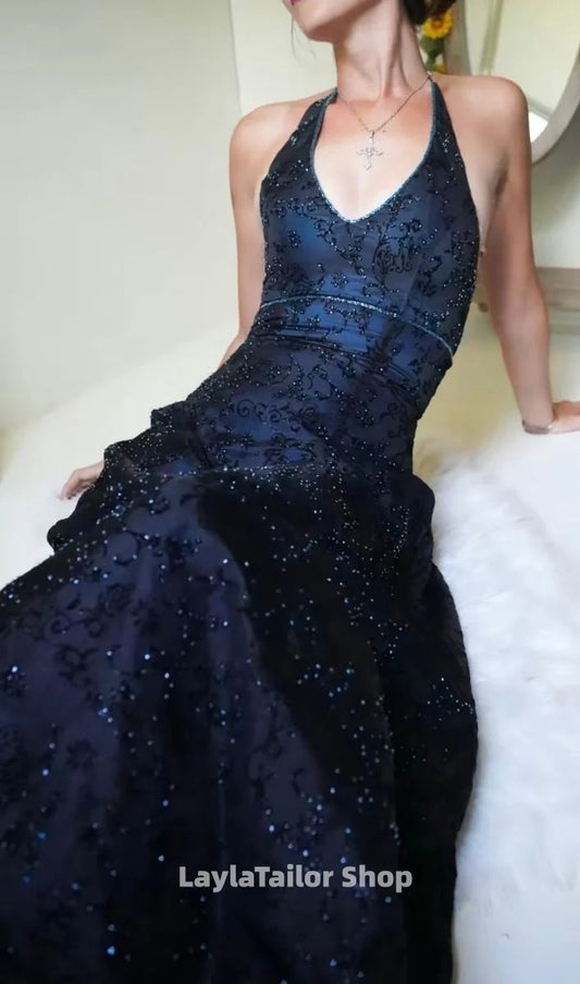 Free Shipping Available,Purple Lace Halter Prom Dress Long V-Neck Evening Gown Formal Party Dress