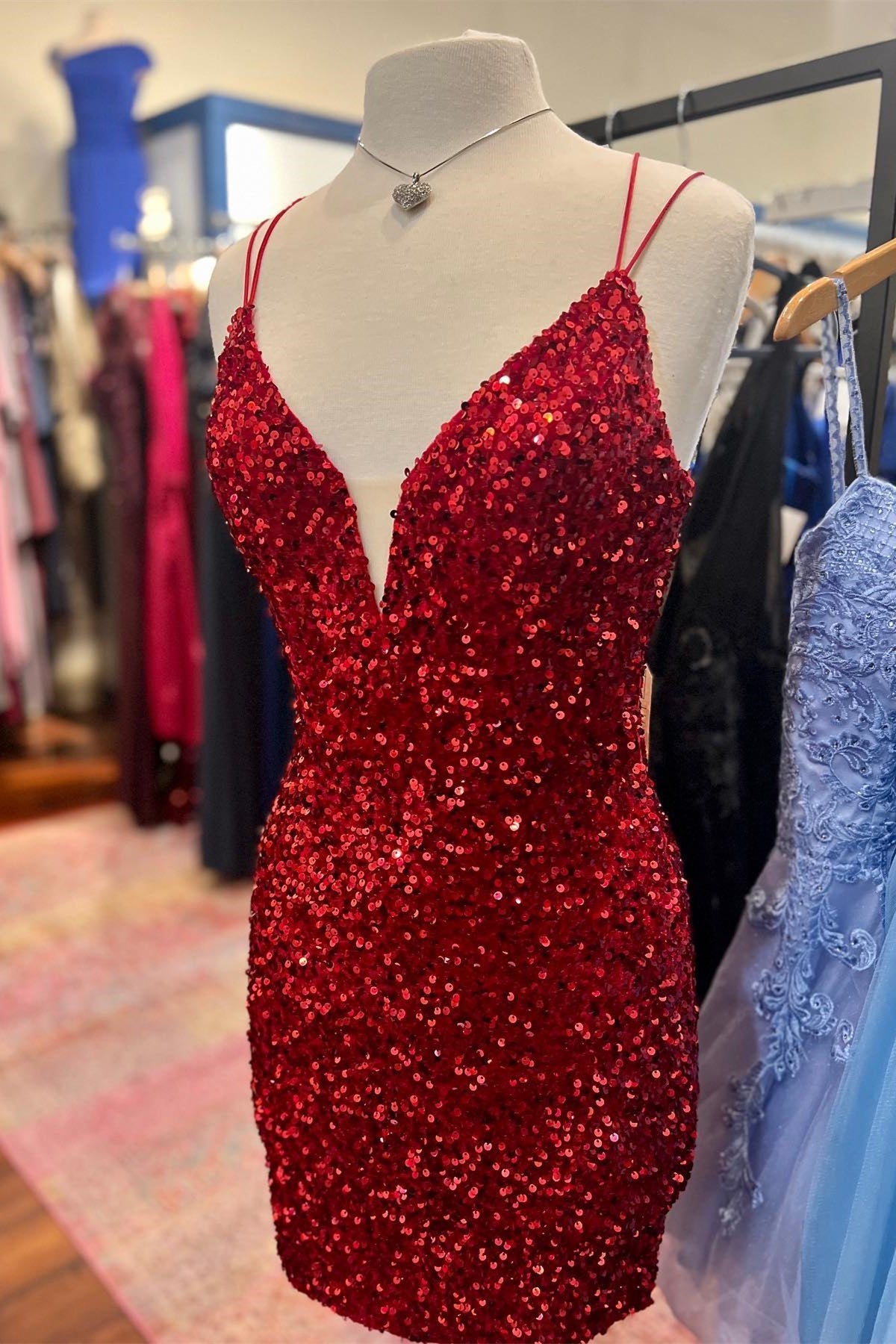 Purple Sequin Straps Tight Mini Party Dress