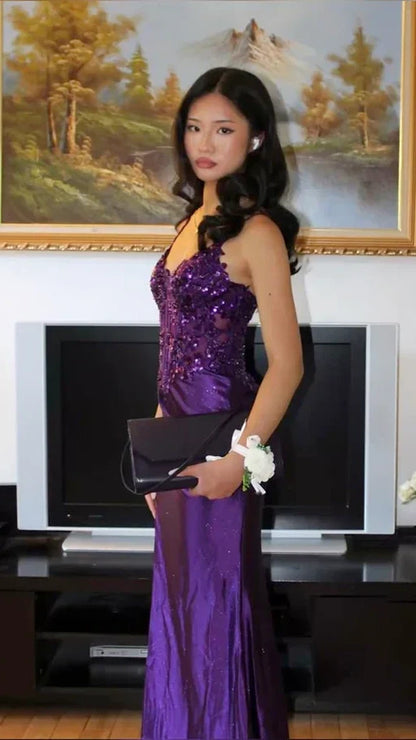 Purple V-Neck Mermaid Prom Dresses Appliques Lace Appliques Party Dress With Side Slit,LTP4427