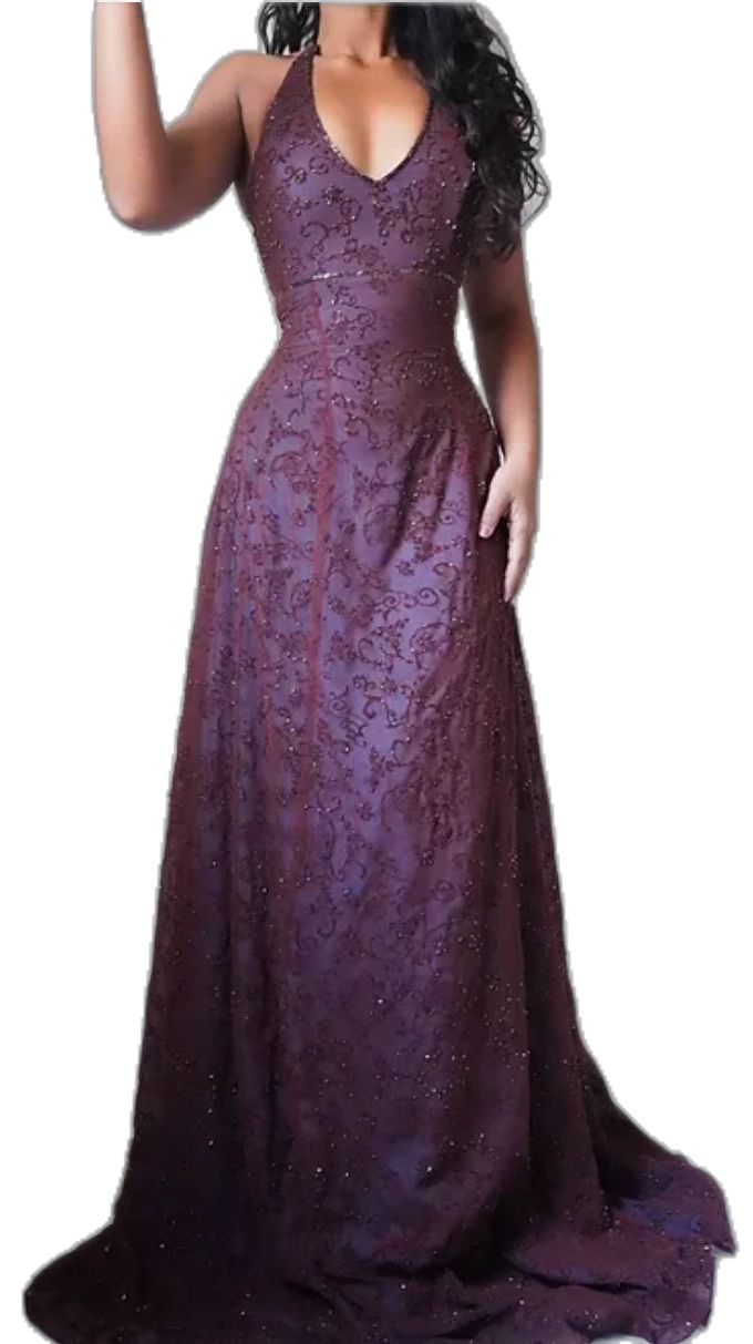Purple Lace Halter Prom Dress | Long V-Neck Evening Gown