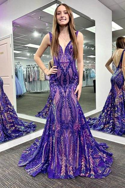 Stylish Mermaid V Neck Sequin Lace Long Prom Dresses