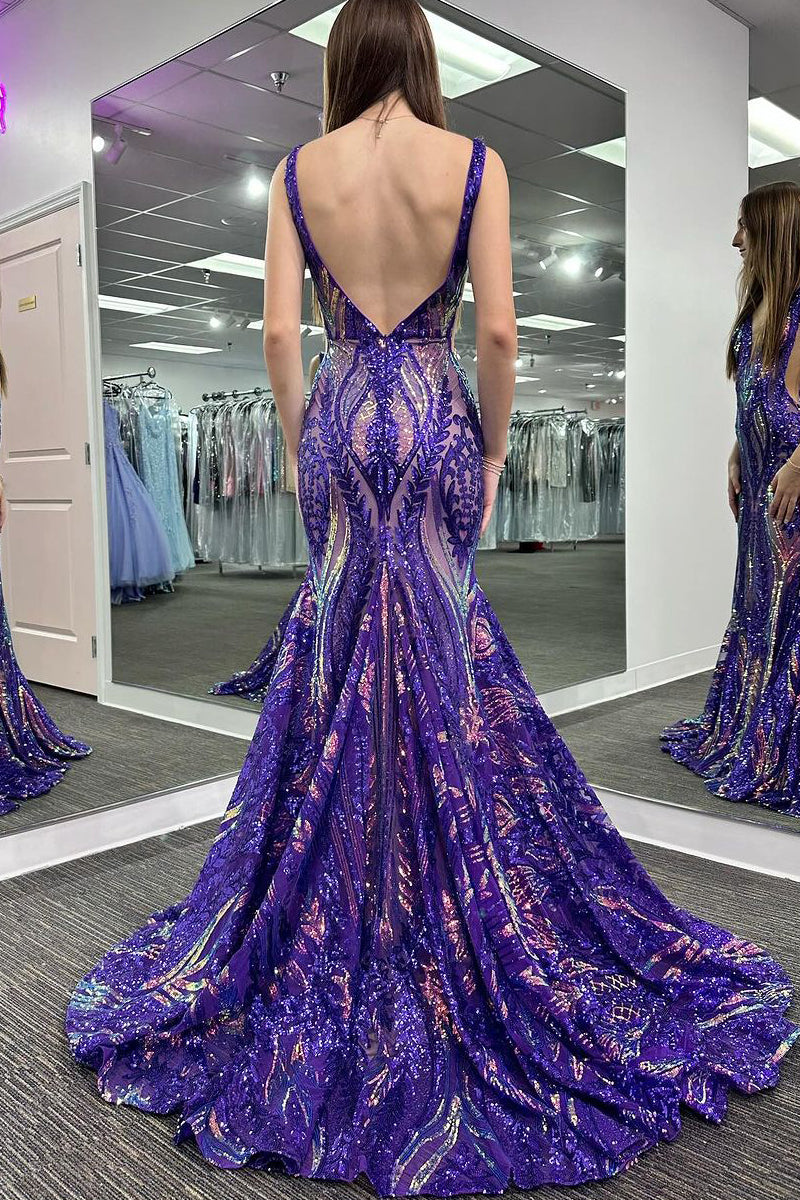 Stylish Mermaid V Neck Sequin Lace Long Prom Dresses