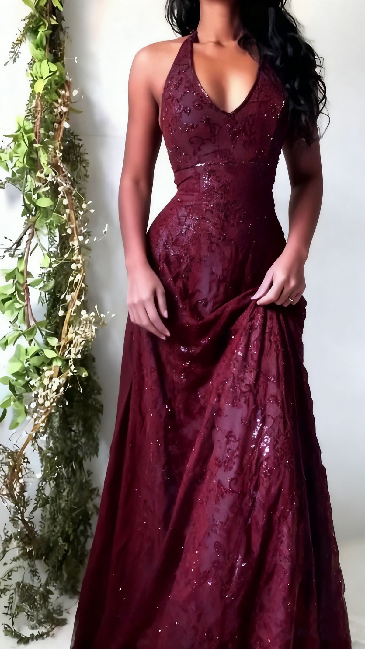 Purple lace halter prom dress full length - elegant party gown
