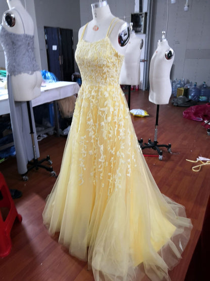 Hot Yellow tulle lace long prom dress party dress