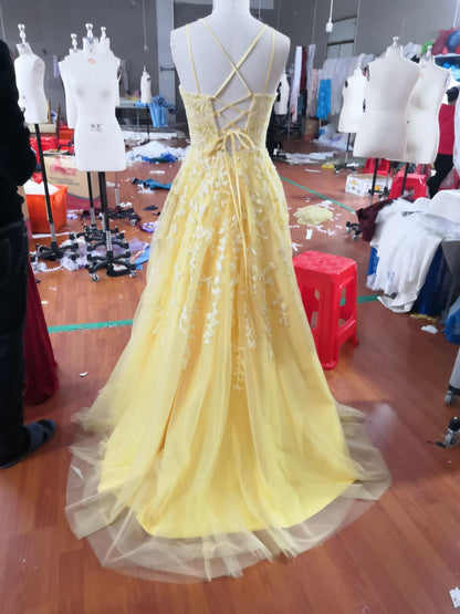 Hot Yellow tulle lace long prom dress party dress