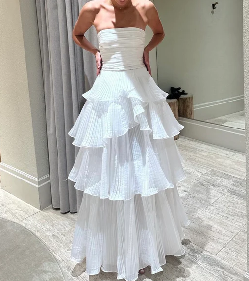 White Multi-layer Evening Dresses Long White Prom Gown