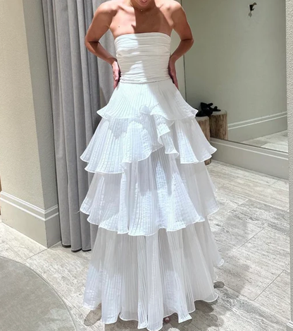 White Multi-layer Evening Dresses Long White Prom Gown