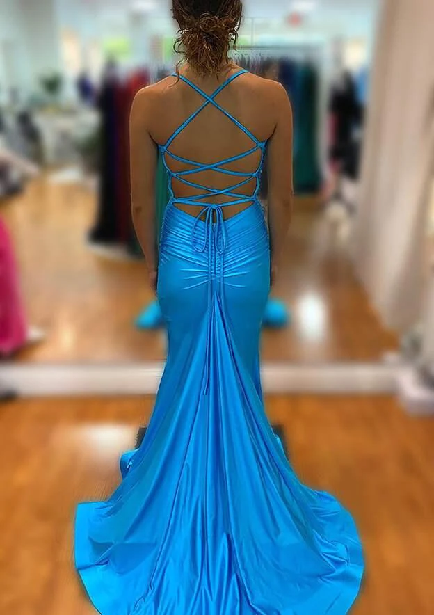 Elegant Blue V Neck Prom Dress With Split,Blue Formal Dress
