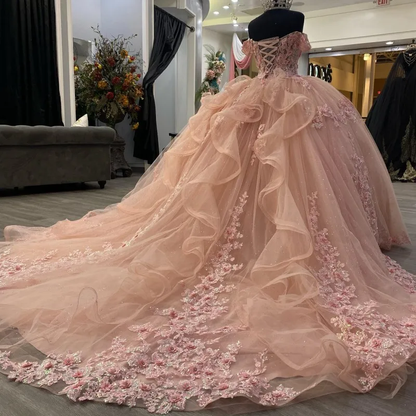 Pink Lace Long Prom Dresses, Ball Gown Sweet 16 Dresses