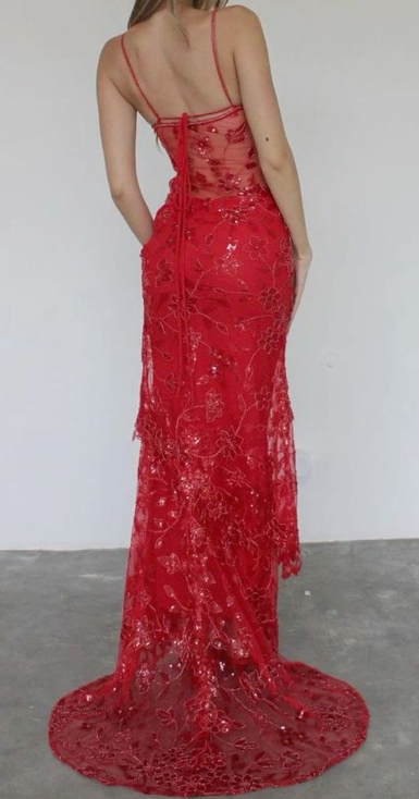 Spaghetti Straps Birthday Party Dresses Red Lace Prom Dresses