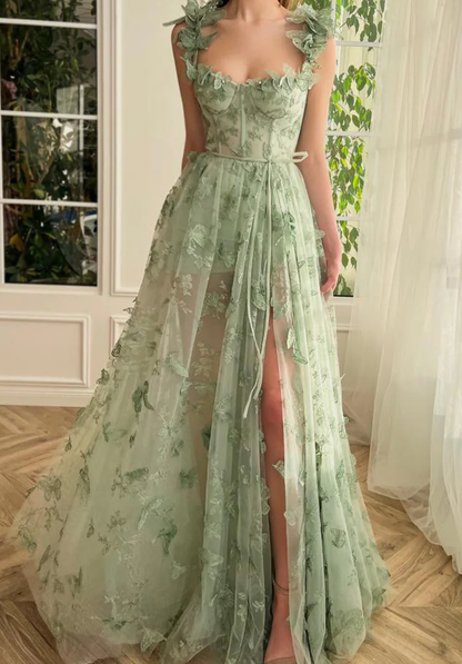 Green Tulle Butterfly Long Prom Dress