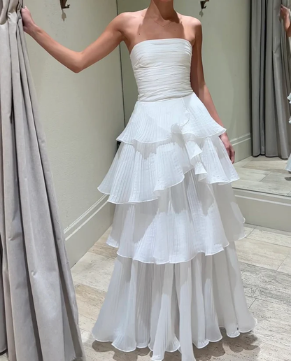 White Multi-layer Evening Dresses Long White Prom Gown