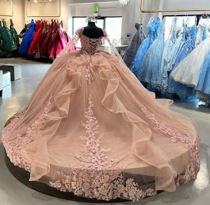 Pink Ball Gown Quinceanera Dresses with Cape 15 Party 3D Flower Princess Dresses with Lace