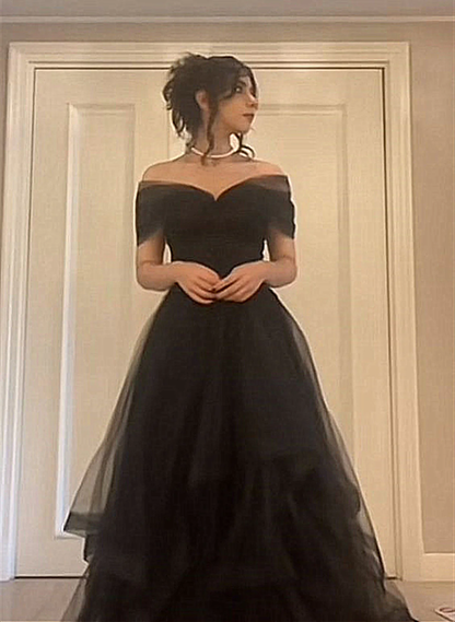 Black Off Shoulder Sweetheart Tulle Prom Dress, Black Tulle A-Line Party Dress