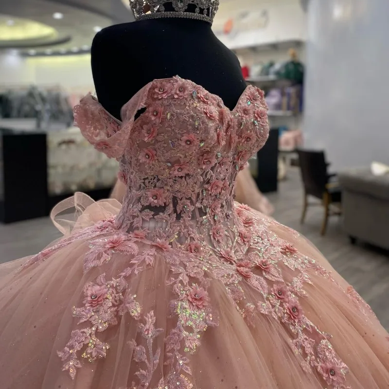 Pink Lace Long Prom Dresses, Ball Gown Sweet 16 Dresses