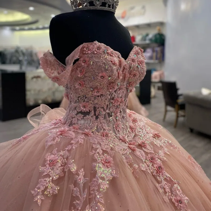 Pink Lace Long Prom Dresses, Ball Gown Sweet 16 Dresses