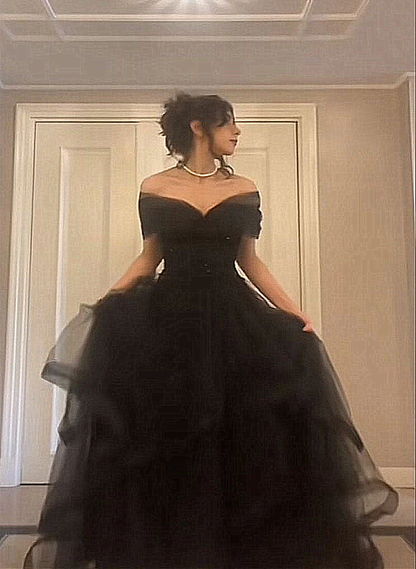 Black Off Shoulder Sweetheart Tulle Prom Dress, Black Tulle A-Line Party Dress
