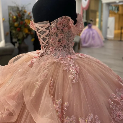 Pink Lace Long Prom Dresses, Ball Gown Sweet 16 Dresses