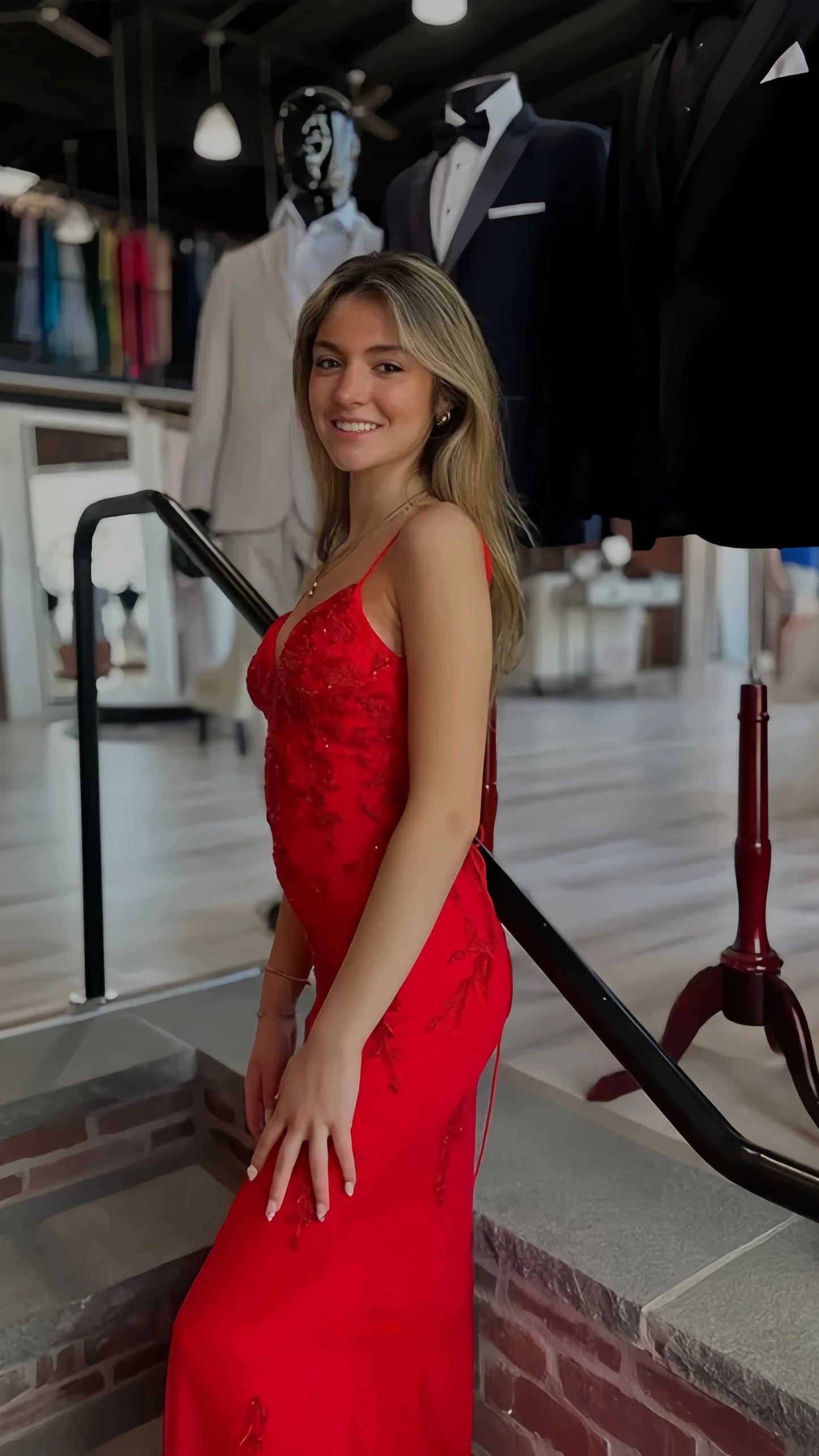Red Beaded Lace Mermaid Prom Dress with Spaghetti Straps, V Neck & Lace-Up Open Back ,LTP4391