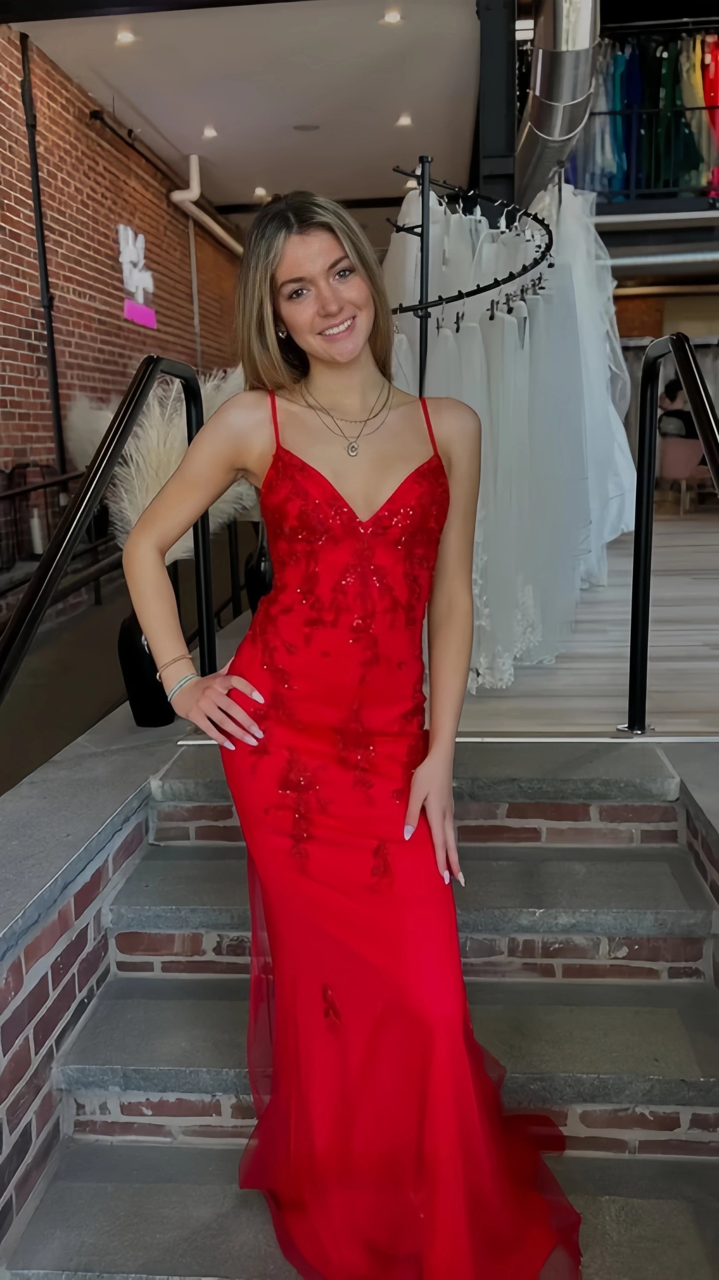 Red Beaded Lace Mermaid Prom Dress with Spaghetti Straps, V Neck & Lace-Up Open Back ,LTP4391
