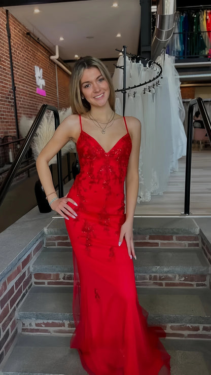 Red Beaded Lace Mermaid Prom Dress with Spaghetti Straps, V Neck & Lace-Up Open Back ,LTP4391