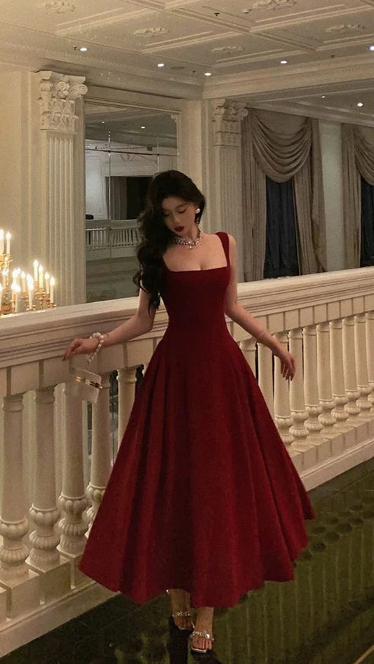 Red Chiffon A-line Prom Dresses Ankle Length Evening Formal Dress Birthday Party Outfits,LTP3974