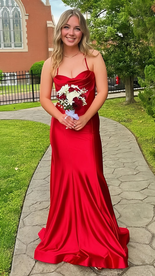 Red Halter Prom Dress Ruche Satin Mermaid Spaghetti Straps Long Formal Dress,LTP4390
