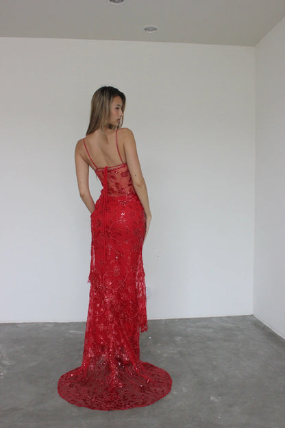 Red Lace Sheath Spaghetti Straps Long Prom Dress