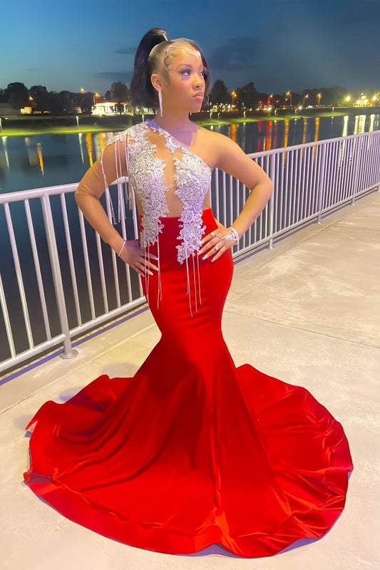 Red Mermaid Prom Dresses Black Girl Appliques Evening Party Dress,LTP4215
