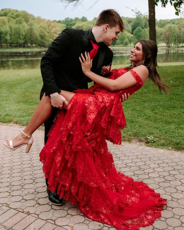 Red Prom Dress, Lace Evening Dress, Off The Shoulder Graduation Dress, Ruffle Party Dresses