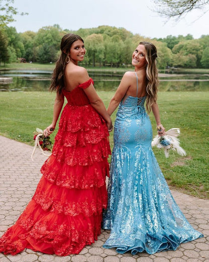 Red Prom Dress, Lace Evening Dress, Off The Shoulder Graduation Dress, Ruffle Party Dresses